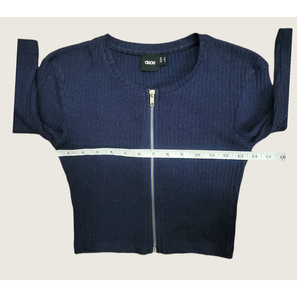 ASOS Zip-Front Crop Top Ribbed Short Sleeve Zip-Up Shirt Blouse Navy Blue US2 - Picture 7 of 8